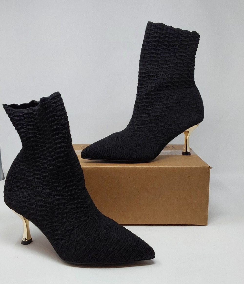 Women’s Stretch Knit Sock Ankle Boots Gold Stiletto Heel Pointed Toe Black